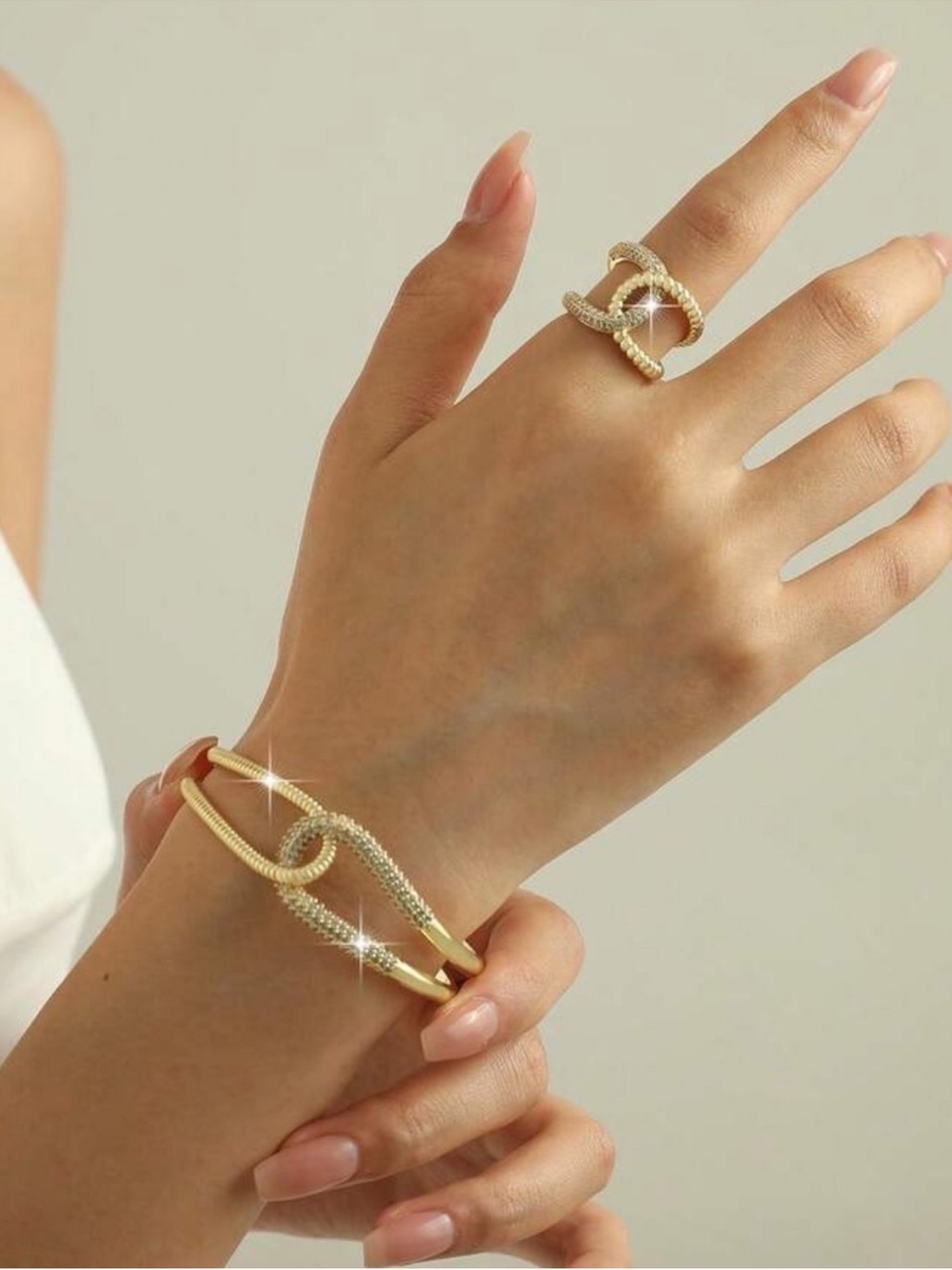 Luxe Pave Twist Open Cuff Bracelet & Sculptural Ring Set